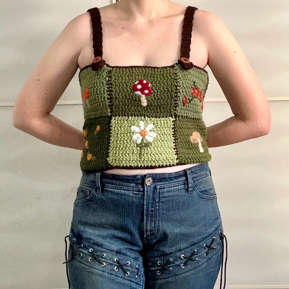 Handmade Green Crochet Mushroom & Flower Tank Top